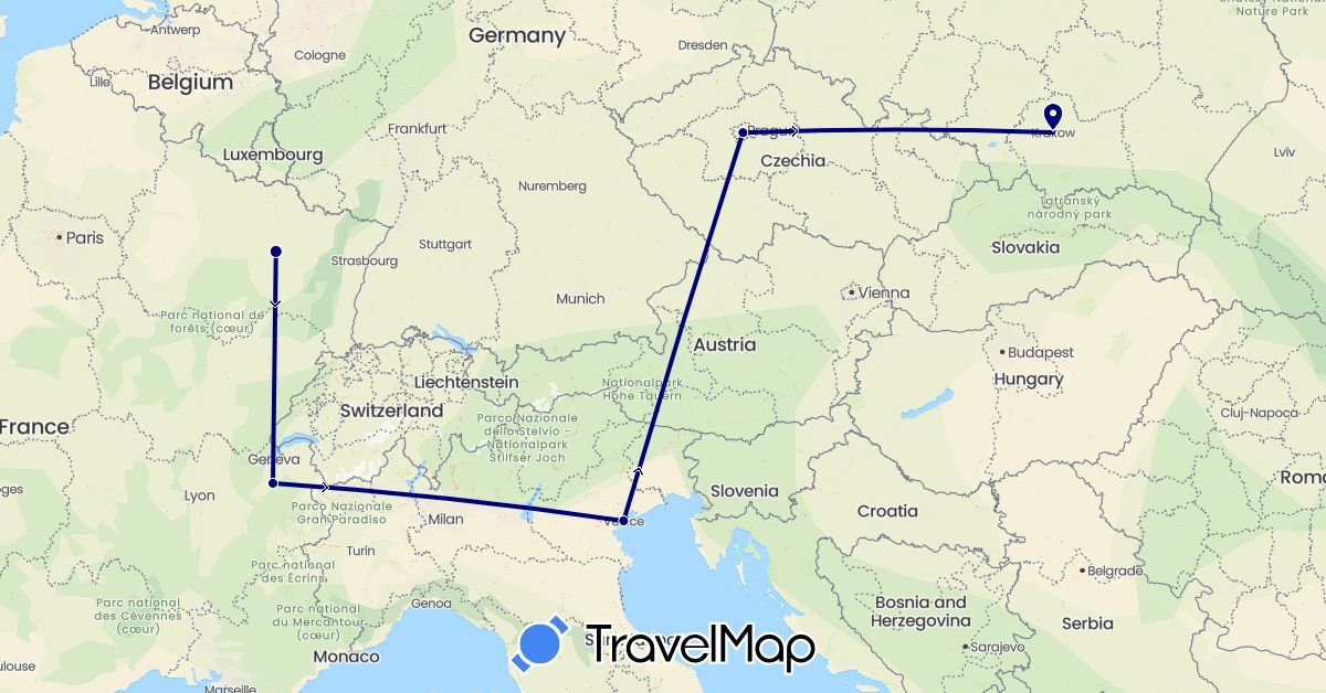 TravelMap itinerary: driving in Czech Republic, France, Italy, Poland (Europe)